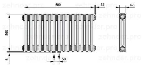 Схема (чертеж) Радиатор Zehnder Charleston 2056/15 №3470 Белый глянцевый RAL 9016